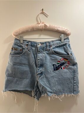 Vintage Ikeda Light Blue Denim Shorts with Embroidered Flags